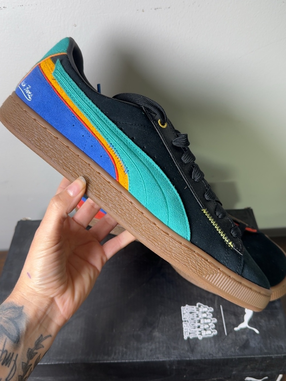 Puma Black Suede Sneakers with Teal, Blue & Orange Accents - Picture 2 of 4